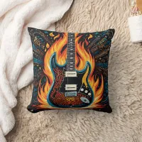 Guitar ablaze in a burst of fiery colors throw pillow