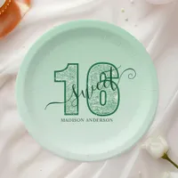 Green Glitter Script Sweet 16 Birthday Paper Plates