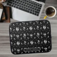 Metallic Flowers Black & White Floral Pattern Name Laptop Sleeve