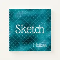 Mermaid Scales Teal Glitter Monogram Sketchbook Notebook