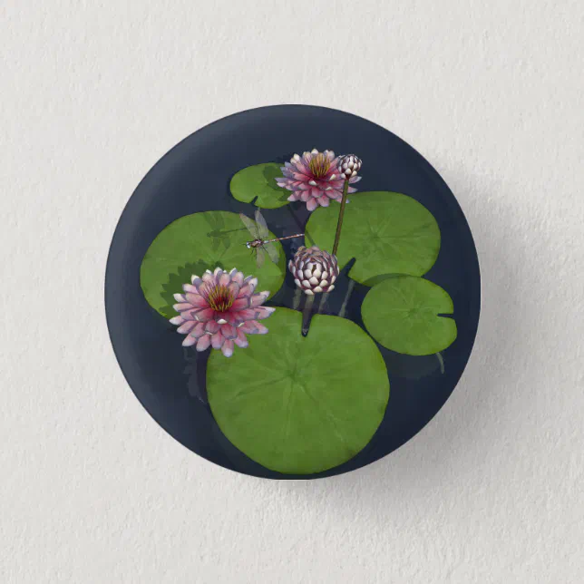 Pretty Pink Water Lily and Dragonfly Pinback Button