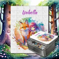 Pretty Watercolor Anime Girl and Fox Jigsaw Puzzle