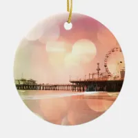 Santa Monica Pier - Sparkling Pink Photo Edit Ceramic Ornament