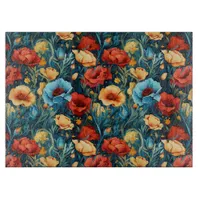 Beautiful Yellow Red Blue Flowers Botanical Print Cutting Board