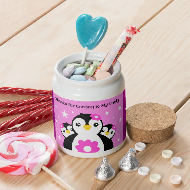 Cute Happy Birthday Girl Penguins Pink Flowers Candy Jar
