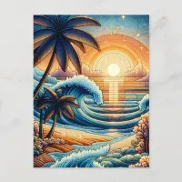 Mosaic Ai Art | Ocean Sunset and Palm Trees Postcard