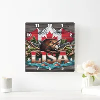 Canadian Beaver Amongst Trees and Mountains Square Wall Clock