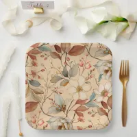 Peach Cream Cottagecore Watercolor Floral Paper Plates