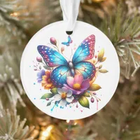 Pink and Blue Butterfly in Flowers Personalized Ornament