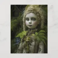 A vintage porcelain doll was lost in the forest  postcard