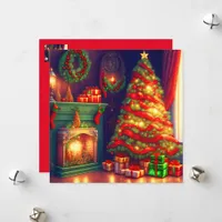 Traditionally Vintage style Christmas tree, firepl Holiday Card