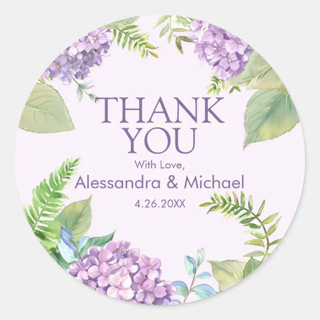 Watercolor Lavender Hydrangea Wedding Thank You Classic Round Sticker