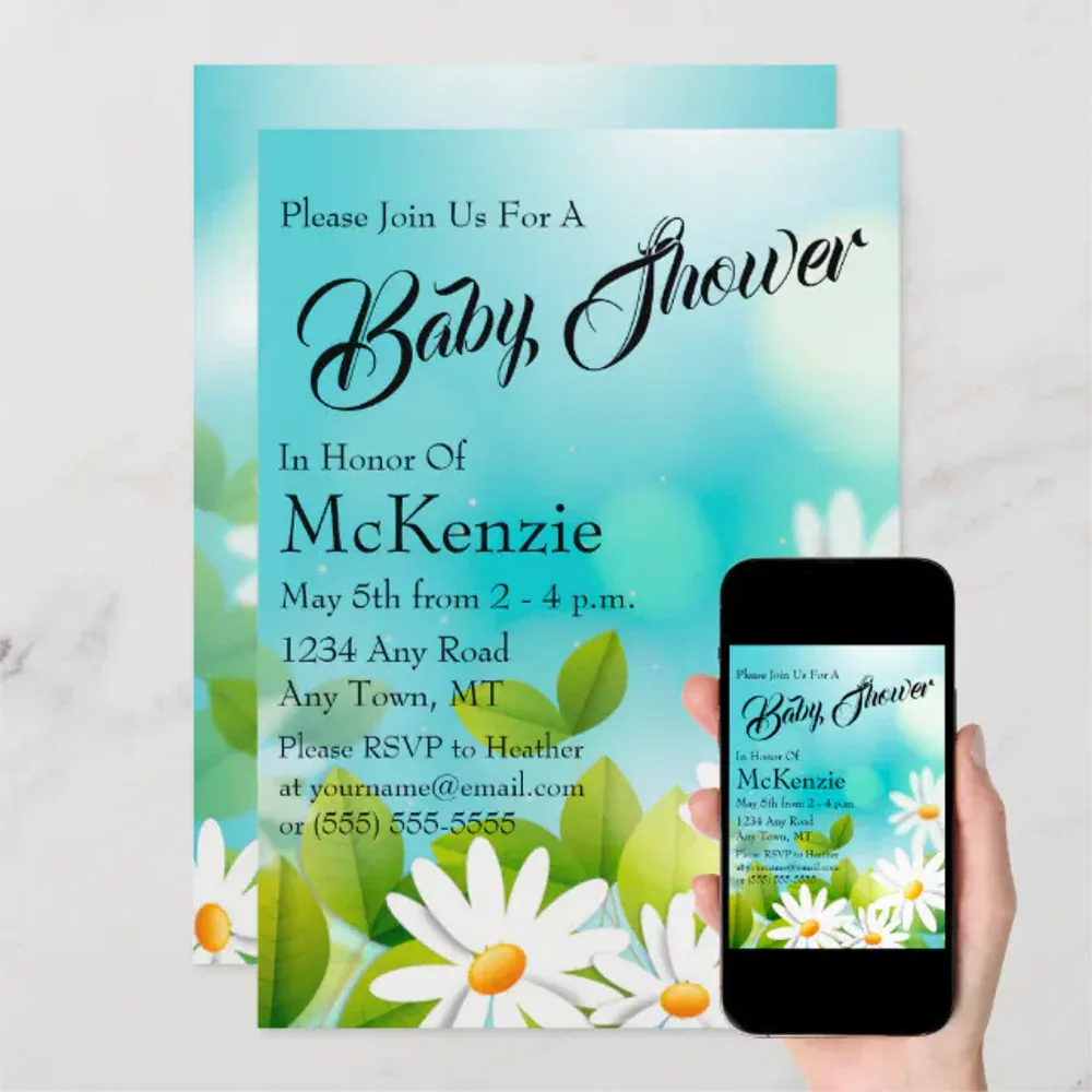 White Daisies On Blue Baby Shower Invitation