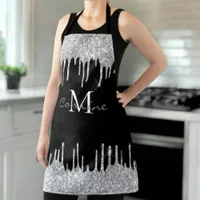 Monogram Silver Glitter Drip Chic Black Name Apron