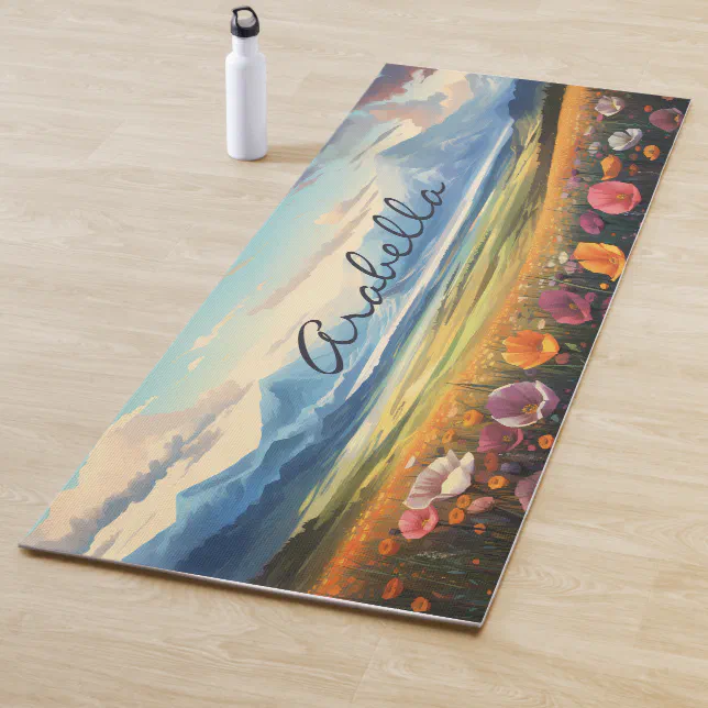 Poppy Flowers  Mountains Nature Illustration Yoga Mat