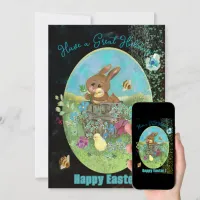 Easter Chicks and Bunny Black Flat Holiday Card