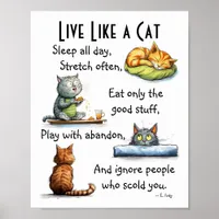 Live Like a Cat Cartoon Art Wall Hanging Humorous Poster