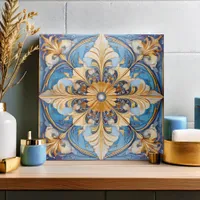 Baroque Floral Tile Pat#18 Sky Blue Gold ID1078