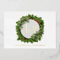 Joy Holly Wreath Modern Business  Foil Holiday Card