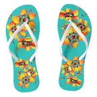 Bright Orange Flowers - Aqua Flip Flops