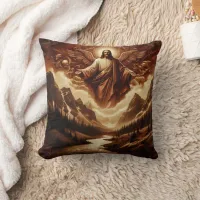 Jesus Surrounded by Angels in Mountain Landscape Throw Pillow