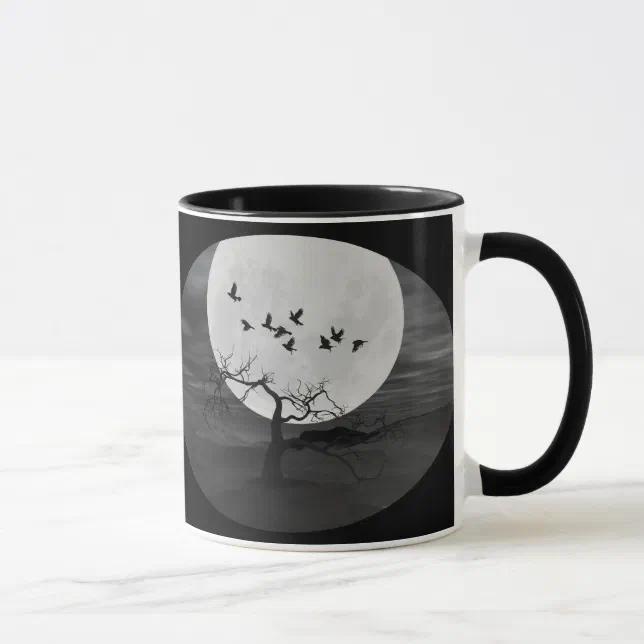 Spooky Ravens Flying Against the Full Moon Mug