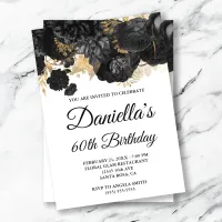 Black Flowers Gold Foil Glam 60th Birthday Invitation