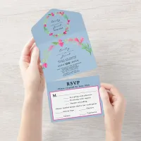 Pink Floral Greenery Light Blue Elegant Wed RSVP All In One Invitation