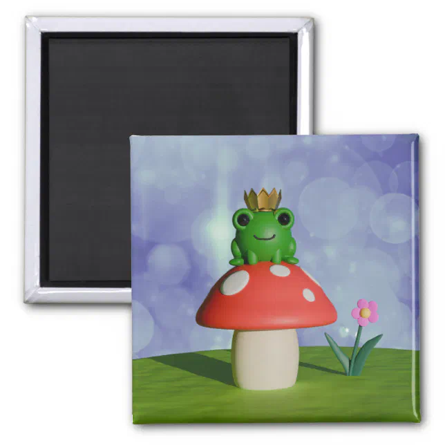 Cute Cartoon Frog Wearing a Crown on a Mushroom