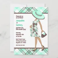 Chic Mom-to-Be (dark skin) Green Plaid Baby Shower Invitation