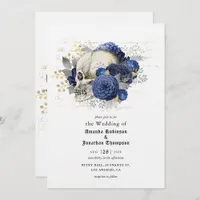 Blue Floral Skull Halloween Gothic Wedding Invitation