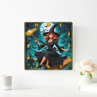 Witch flying through a moonlit night with bats square wall clock