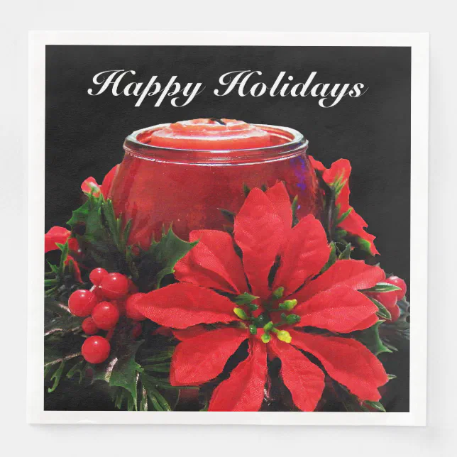 Festive Red Christmas Candle, Holly and Poinsettia Paper Dinner Napkins