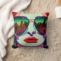 City Lady in Sunglasses Unique Colorful Art Throw Pillow