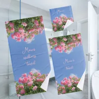 Pink rose bush under blue sky, custom  bath towel set