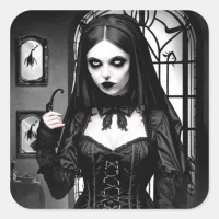 Creepy Gothic Girl in Black and White Halloween Square Sticker