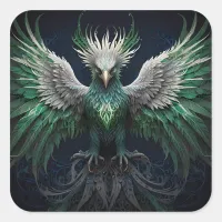 Majestic Green & White Phoenix Bird Square Sticker