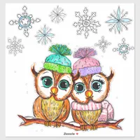 Cute  Owls Couple and Snowflakes Sticker