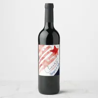 Watercolor US Flag and Red Star 4th of July Wine Label