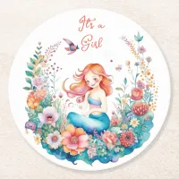 Pretty Mermaid Girl's Baby Shower It's a Girl Round Paper Coaster