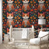 Whimsical Folk Art Cat and Flowers Wallpaper