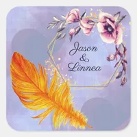 Quirky Flame Orange Feather with Pastel Flowers   Square Sticker