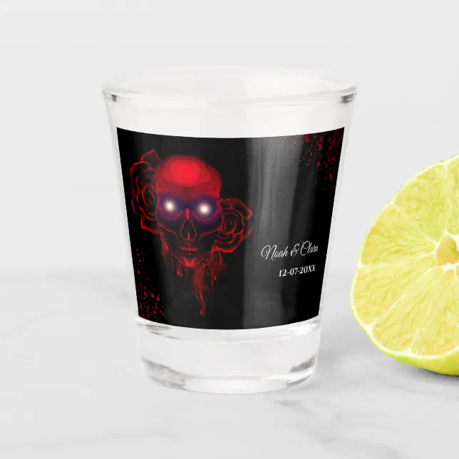 Scary red floral dark moody gothic skull halloween shot glass