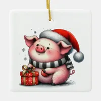 First Christmas Cute Whimsical Piggy Customized Ceramic Ornament