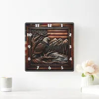 American Eagle Sculpture With Mountains and Flag Square Wall Clock