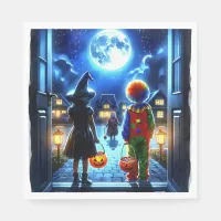 Witch and Clown looking at a Monster Halloween Napkins