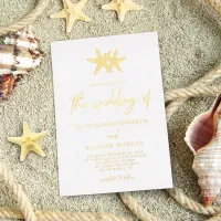Modern Beach Starfish Coastal Script Wedding Foil Invitation