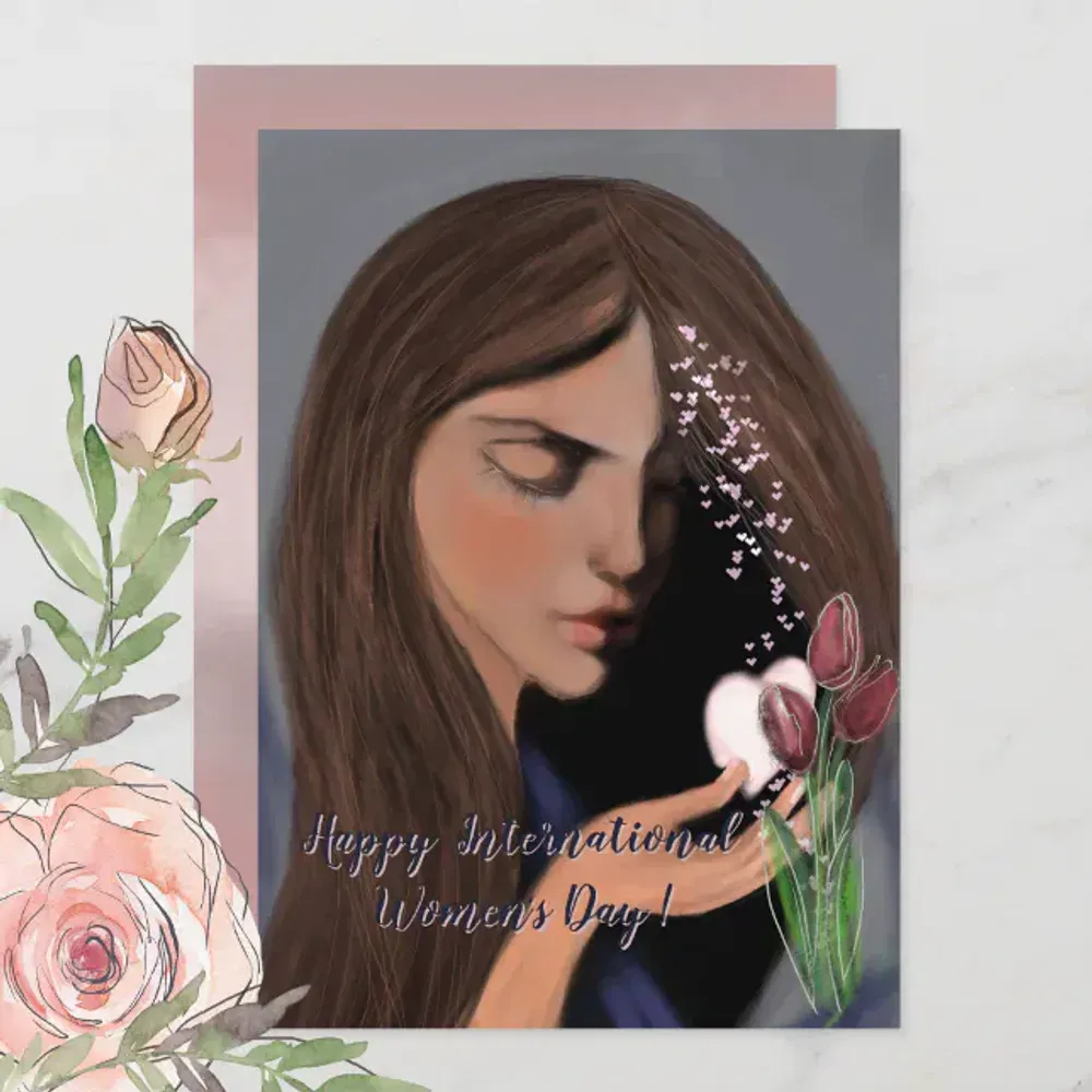 Happy International Women's Day Portrait Card and buttons