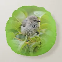 Cute Wet Wee Bushtit on the Laurel Round Pillow