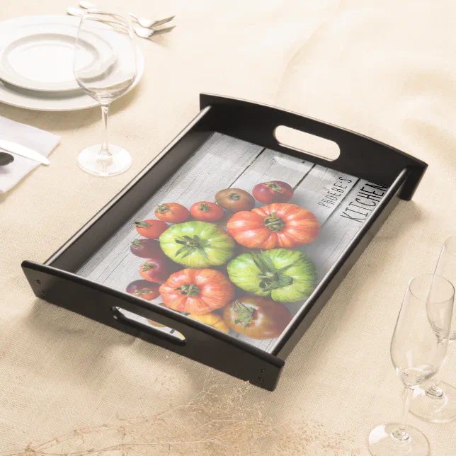 Colorful Striped Tomatoes on Weathered Table Serving Tray